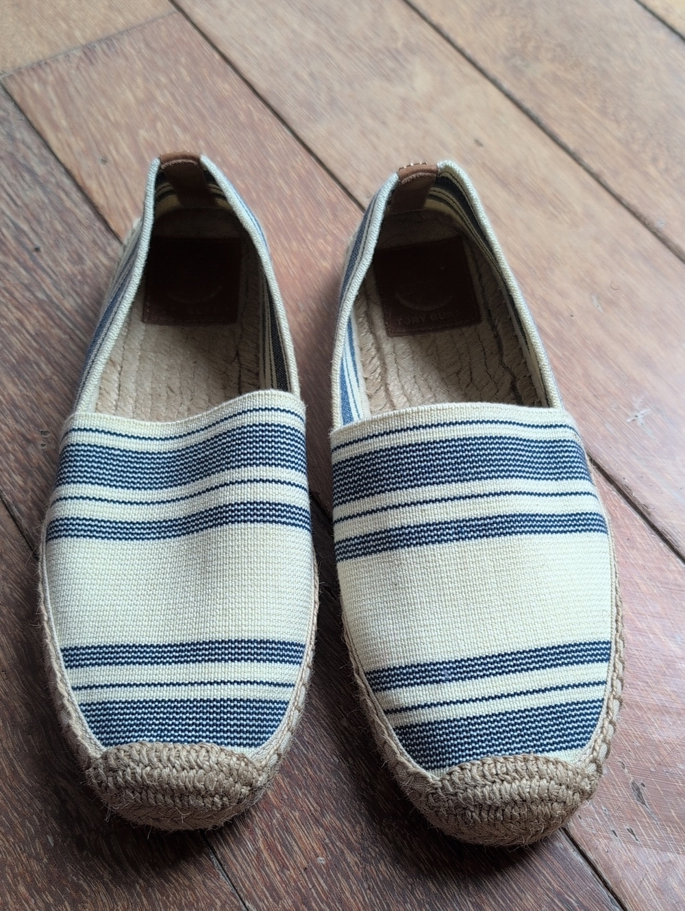 Tory Burch Cream Canvas Slip-Ons with Navy Stripes. Size 6.5
